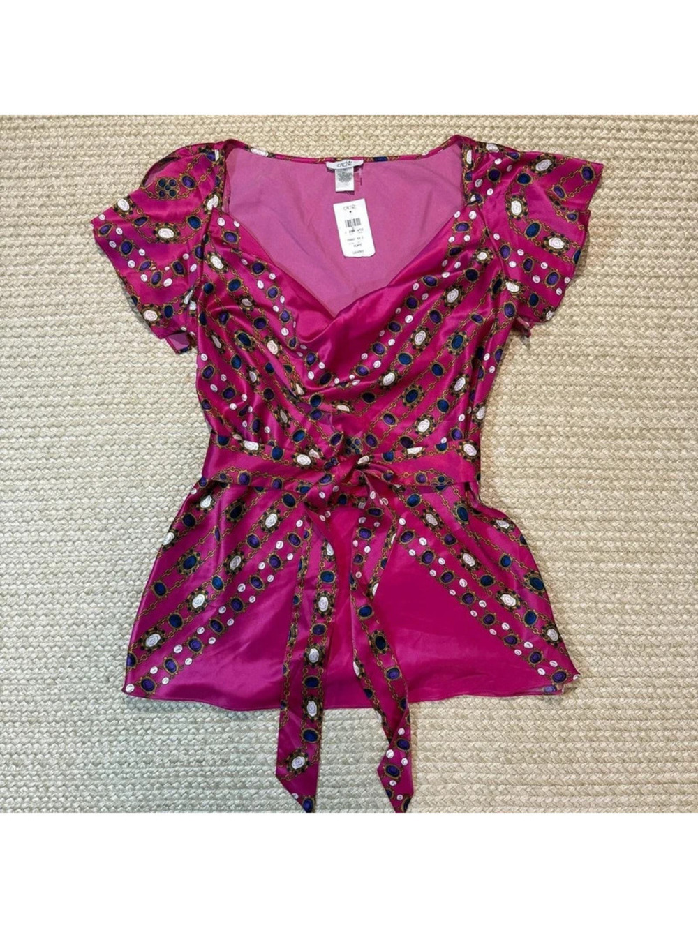Cache Pink Satin Jewel Chain Print Peplum Top Tie Front Size M NWT